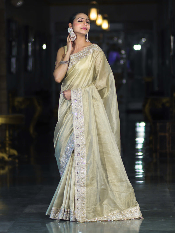 Banarasee Handloom Plain Tissue Saree With Lace Border-Cream