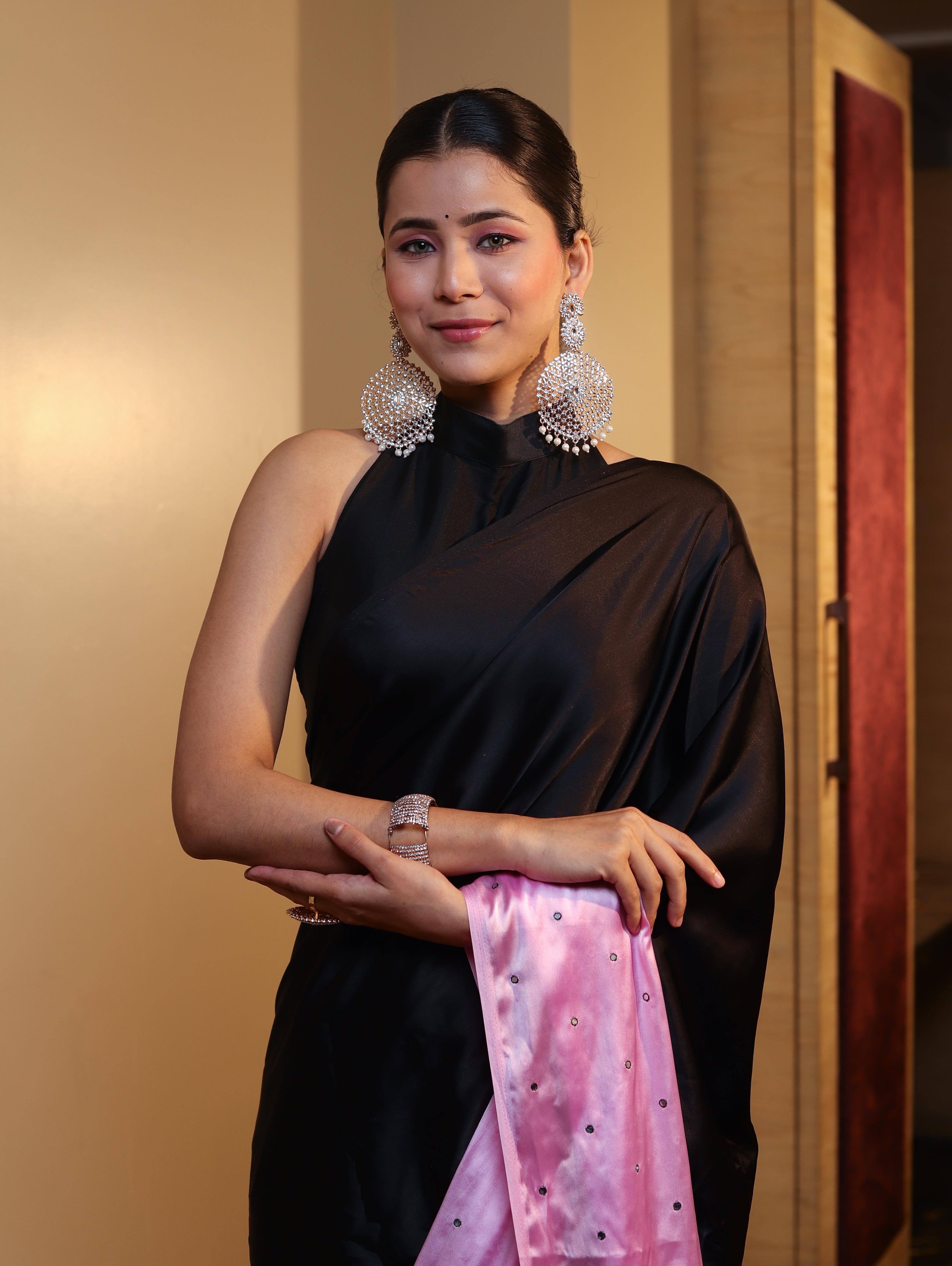 Banarasee Handloom Satin Hand Dyed Shibori Pattern Saree With Mirror Work-Black & Baby Pink