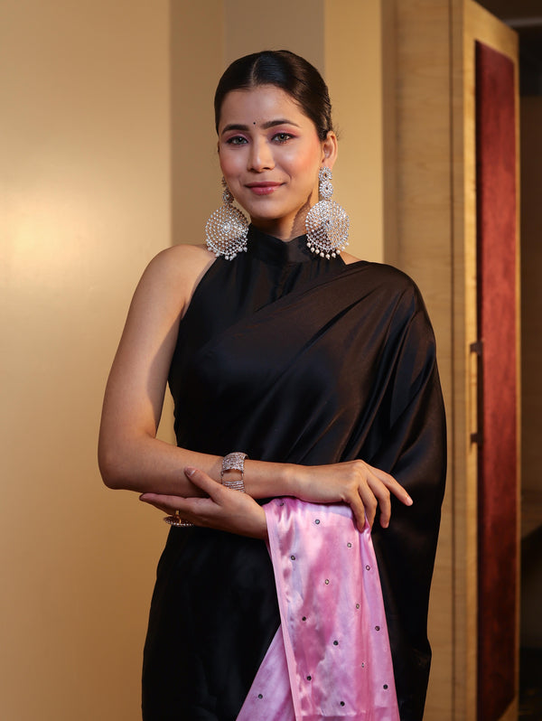 Banarasee Handloom Satin Hand Dyed Shibori Pattern Saree With Mirror Work-Black & Baby Pink