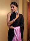 Banarasee Handloom Satin Hand Dyed Shibori Pattern Saree With Mirror Work-Black & Baby Pink