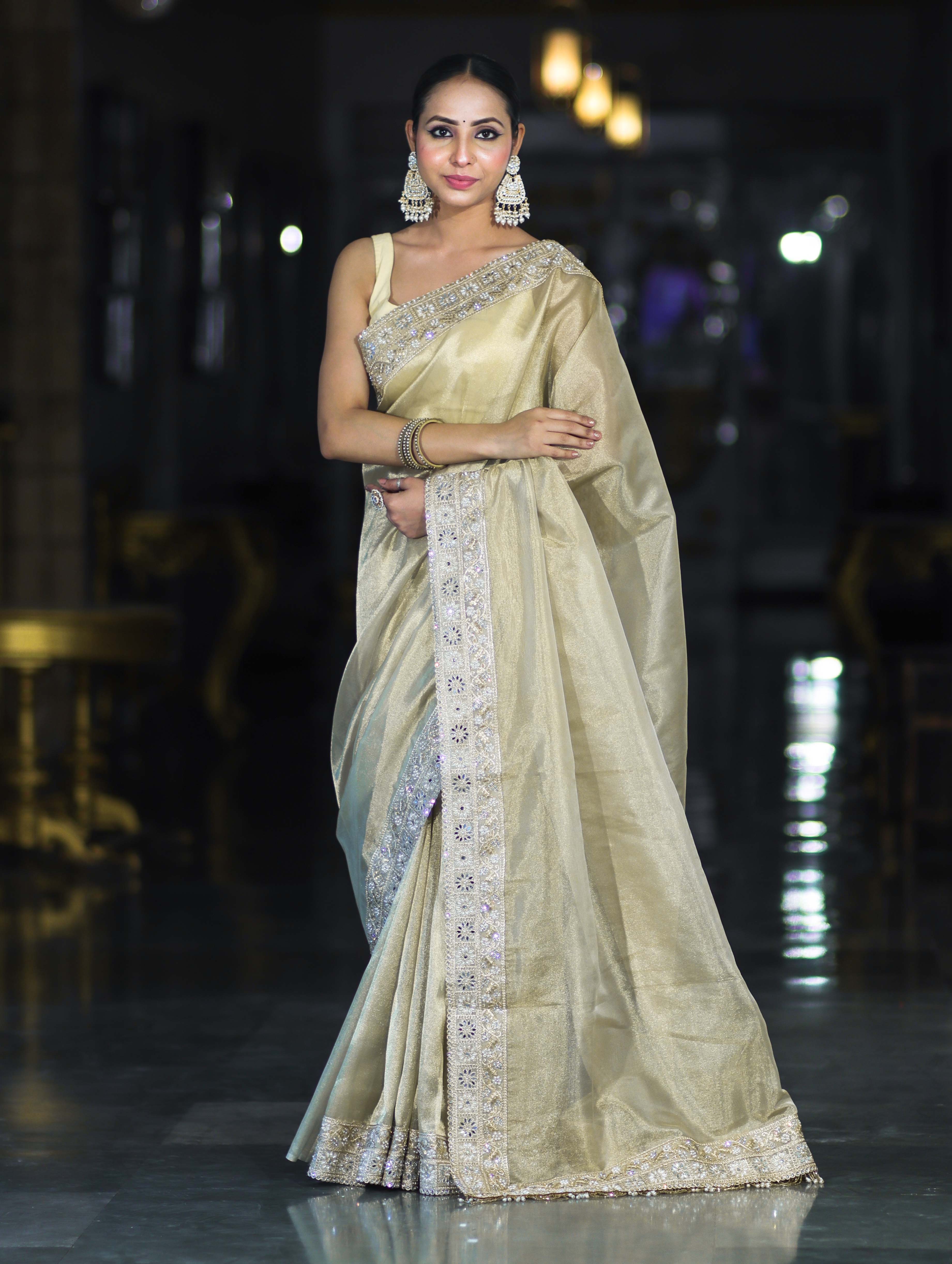 Banarasee Handloom Plain Tissue Saree With Lace Border-Cream