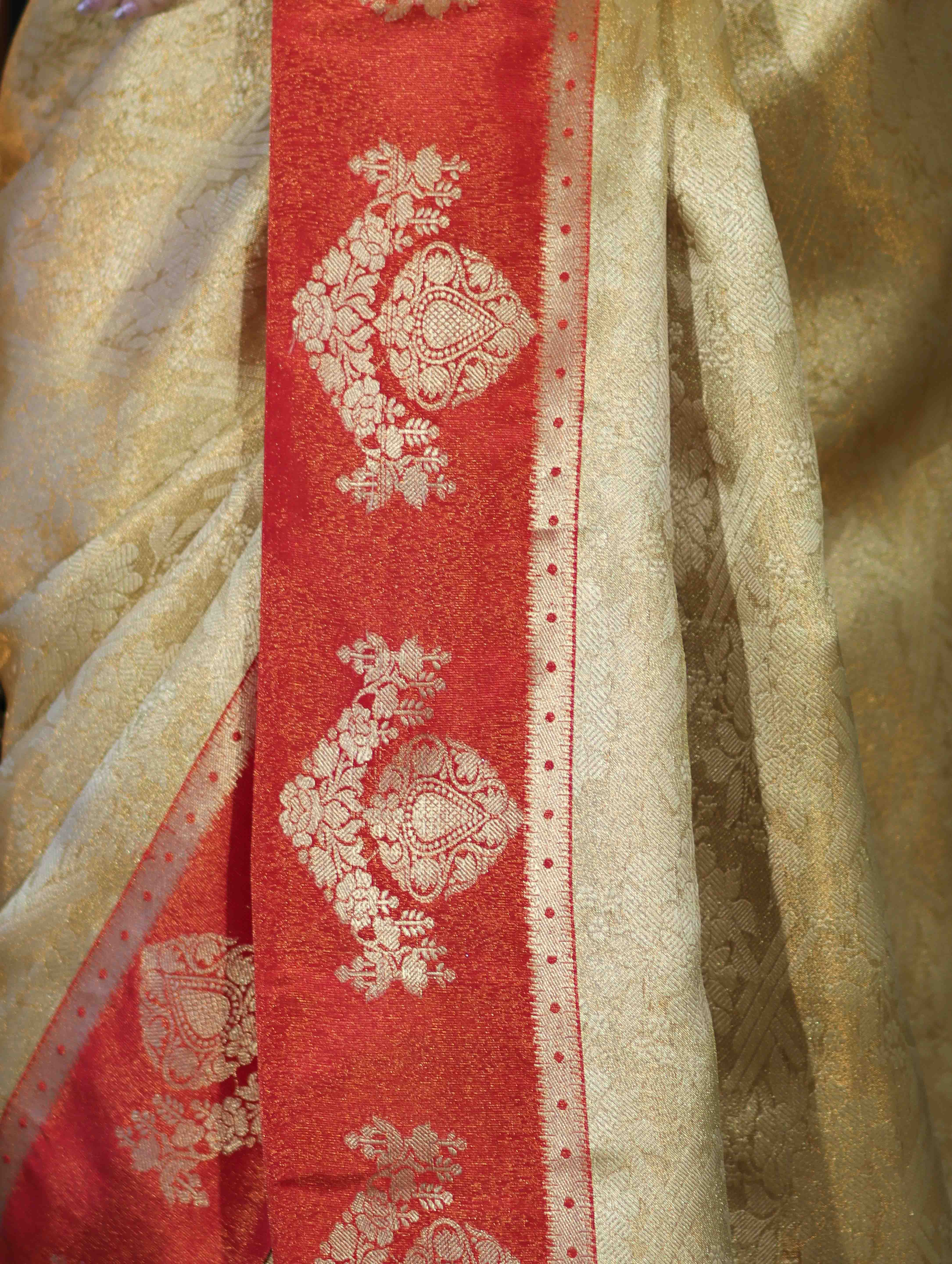 Banarasee Handloom Zari Woven Tissue Saree With Contrast Satin Border-Gold & Red