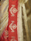Banarasee Handloom Zari Woven Tissue Saree With Contrast Satin Border-Gold & Red