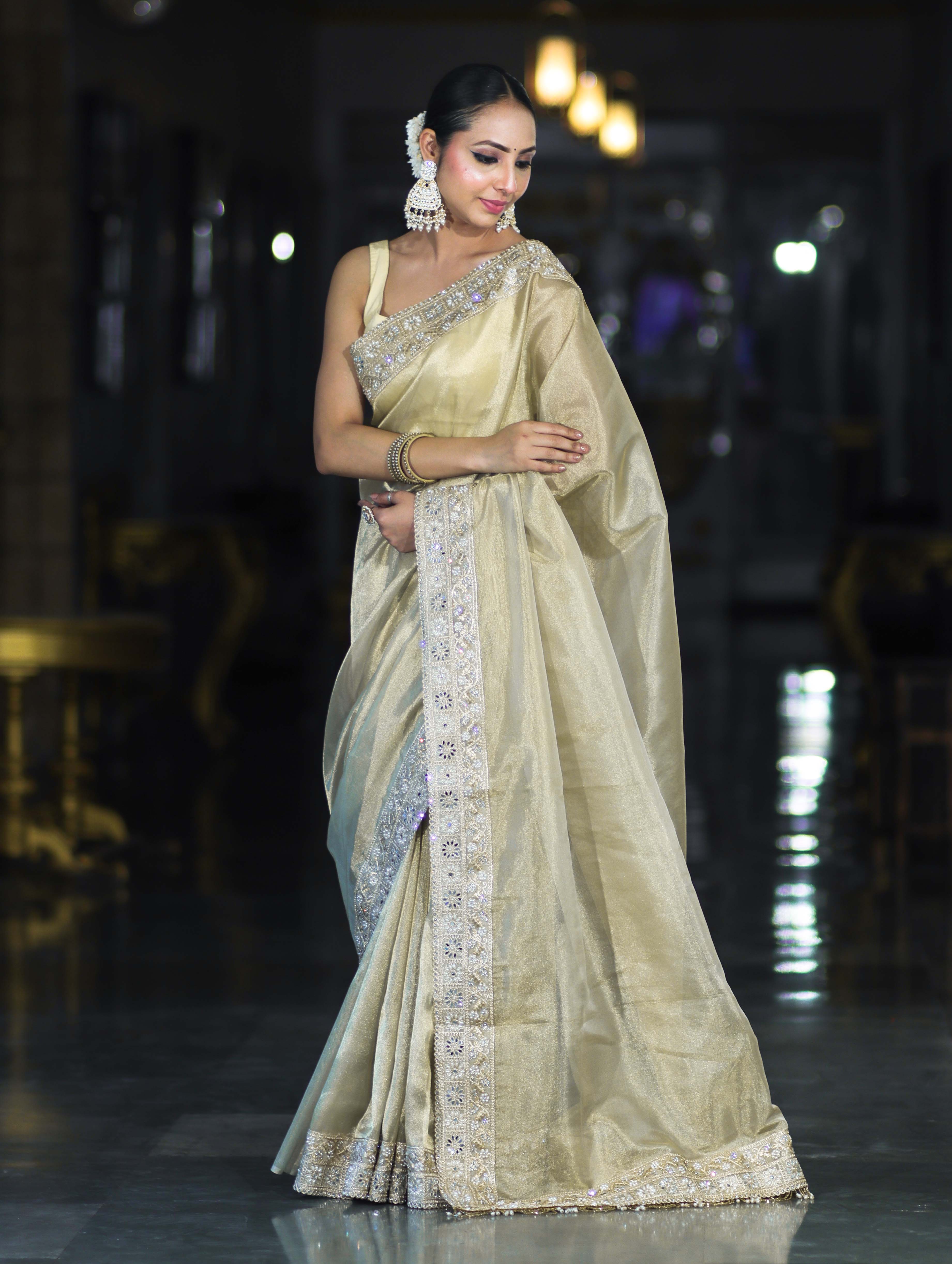 Banarasee Handloom Plain Tissue Saree With Lace Border-Cream