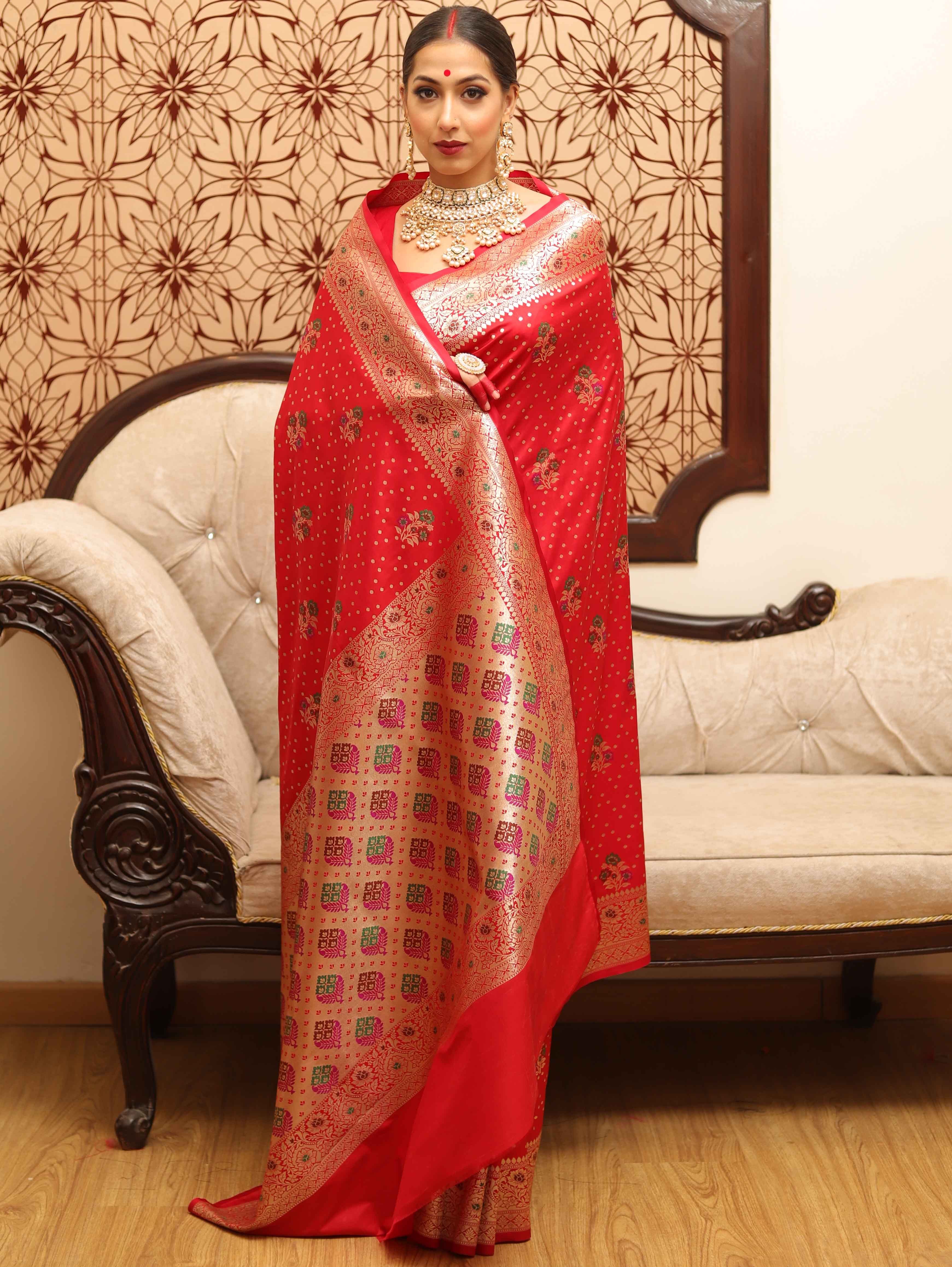 Banarasee Handwoven Semi-Katan Zari & Resham Weaving Floral Border Saree-Red