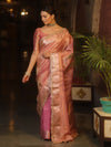 Banarasee Handwoven Plain Tissue Saree With Zari Border & Lace-Pink
