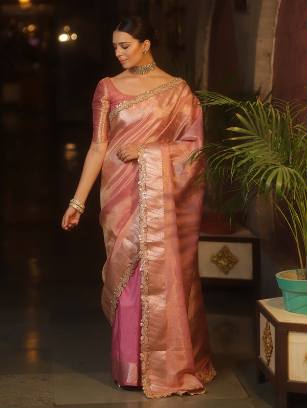Banarasee Handwoven Plain Tissue Saree With Zari Border & Lace-Pink