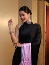 Banarasee Handloom Satin Hand Dyed Shibori Pattern Saree With Mirror Work-Black & Baby Pink