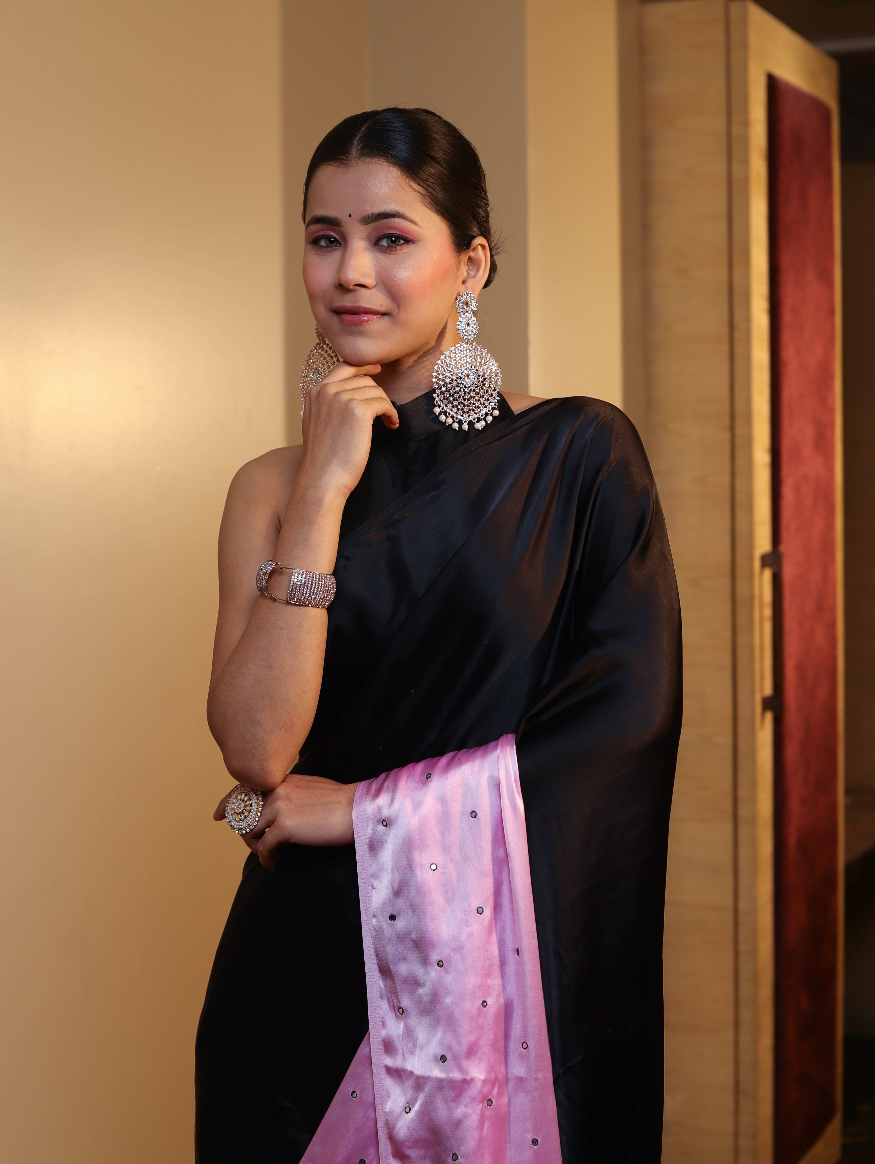 Banarasee Handloom Satin Hand Dyed Shibori Pattern Saree With Mirror Work-Black & Baby Pink