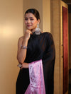 Banarasee Handloom Satin Hand Dyed Shibori Pattern Saree With Mirror Work-Black & Baby Pink