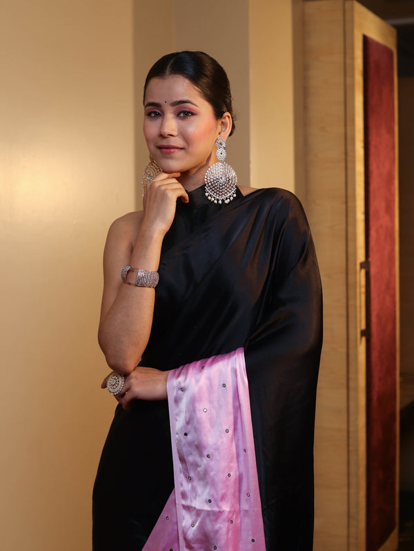 Banarasee Handloom Satin Hand Dyed Shibori Pattern Saree With Mirror Work-Black & Baby Pink
