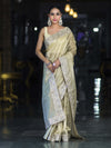 Banarasee Handloom Plain Tissue Saree With Lace Border-Cream