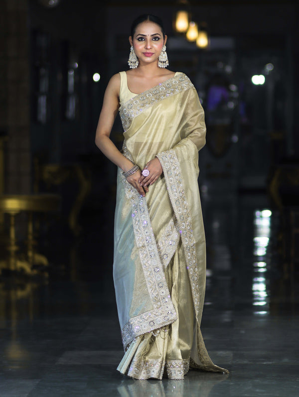 Banarasee Handloom Plain Tissue Saree With Lace Border-Cream