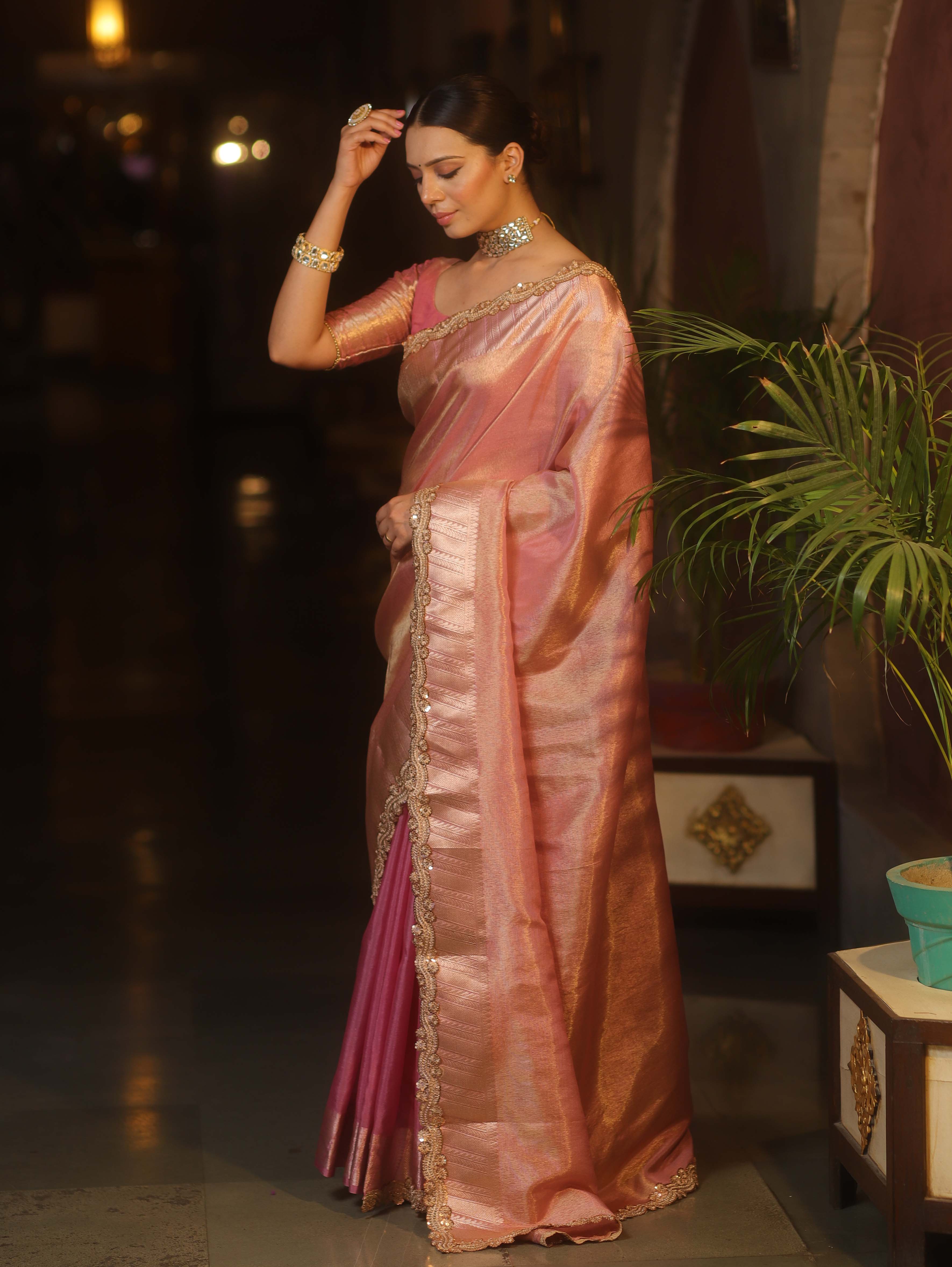 Banarasee Handwoven Plain Tissue Saree With Zari Border & Lace-Pink