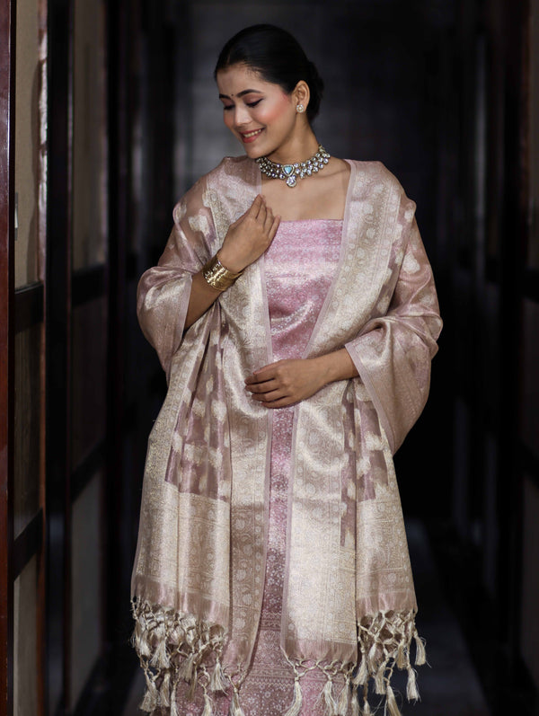 Banarasee Tissue Zari Weaving Salwar Kameez Fabric With Dupatta Set-Light Pink