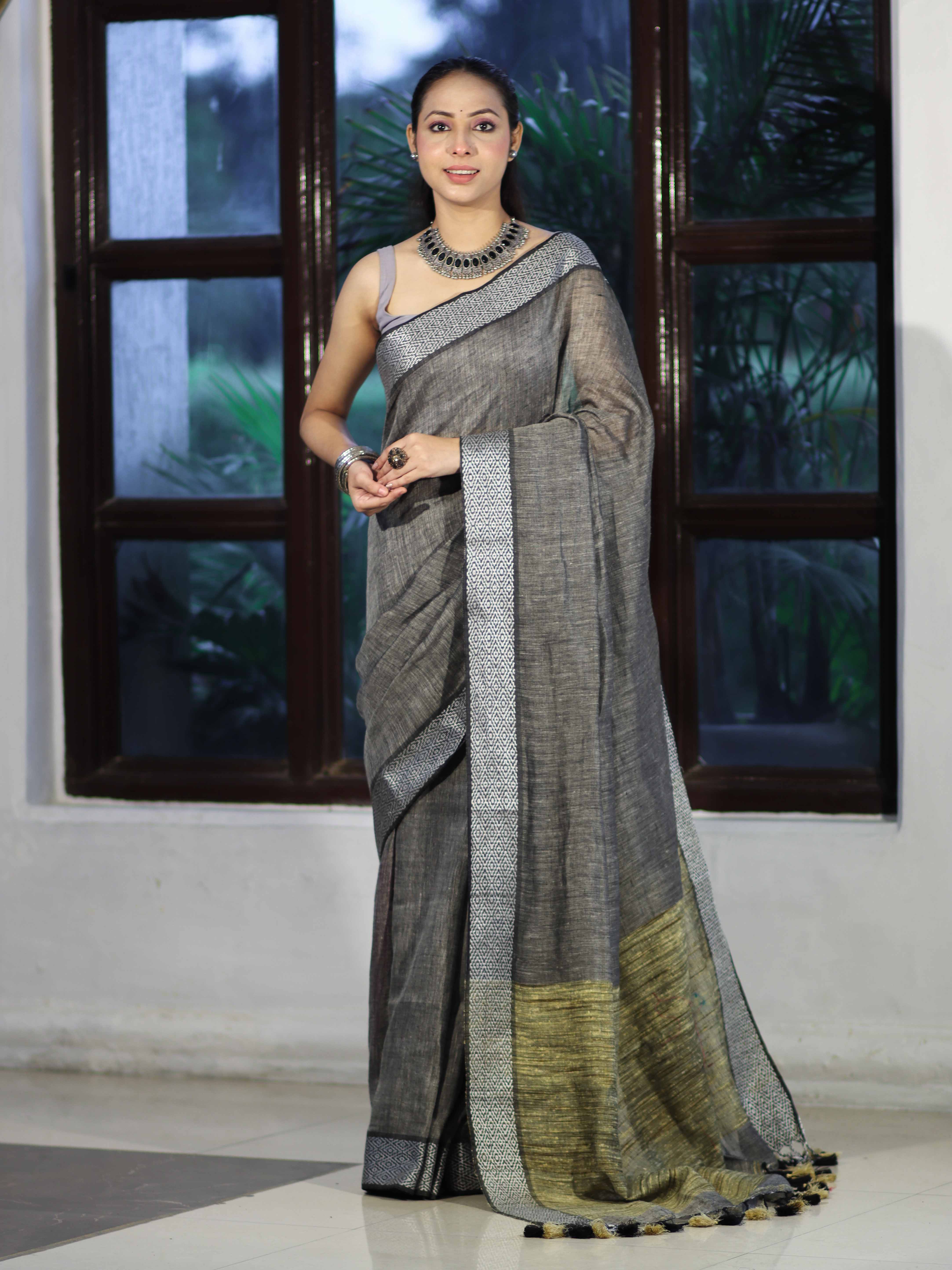 Bhagalpur Handloom Pure Linen Cotton Saree With Resham Embroidered Border-Grey