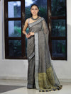 Bhagalpur Handloom Pure Linen Cotton Saree With Resham Embroidered Border-Grey