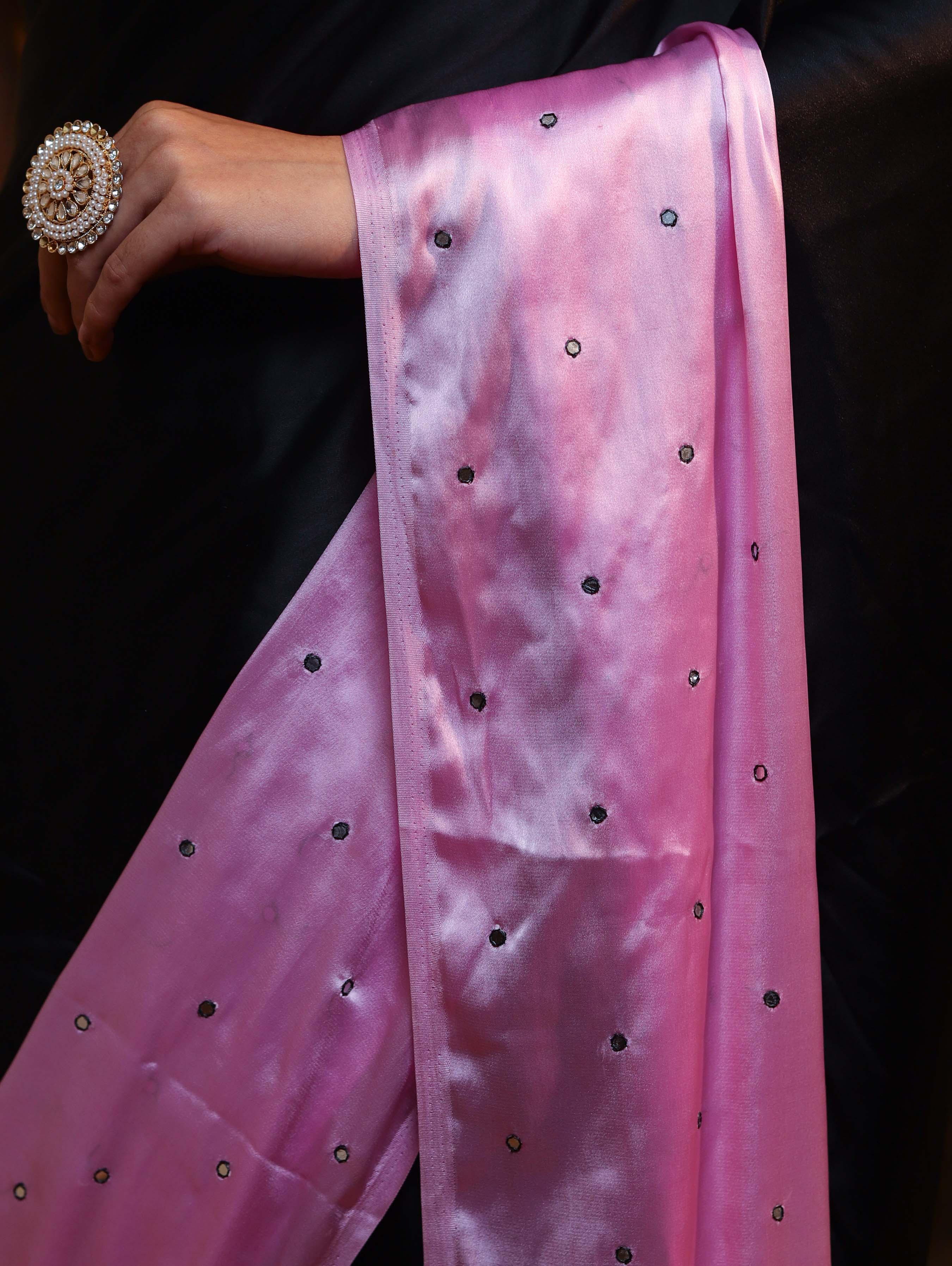 Banarasee Handloom Satin Hand Dyed Shibori Pattern Saree With Mirror Work-Black & Baby Pink