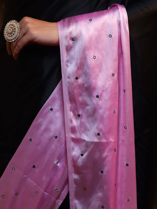 Banarasee Handloom Satin Hand Dyed Shibori Pattern Saree With Mirror Work-Black & Baby Pink