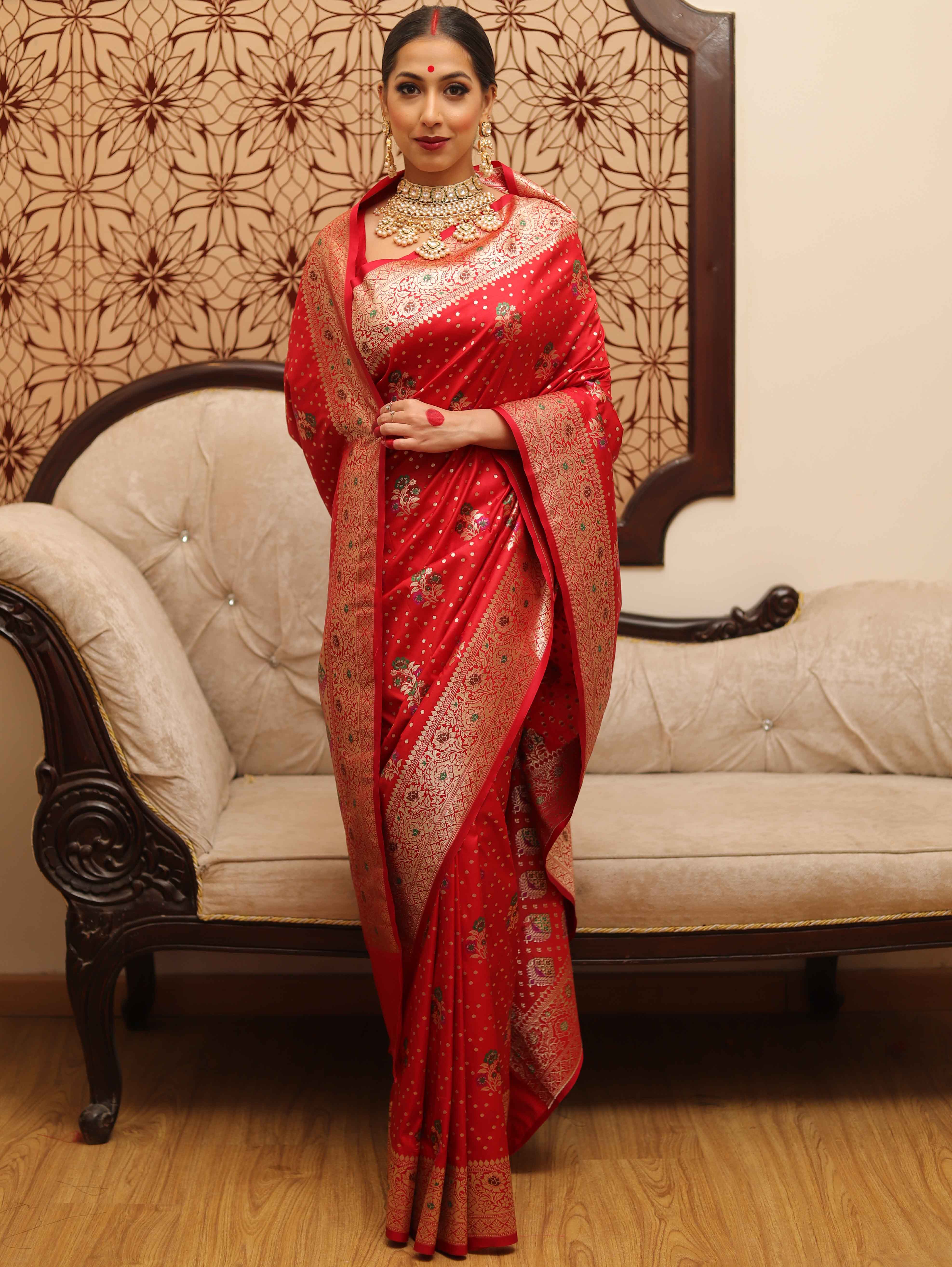 Banarasee Handwoven Semi-Katan Zari & Resham Weaving Floral Border Saree-Red