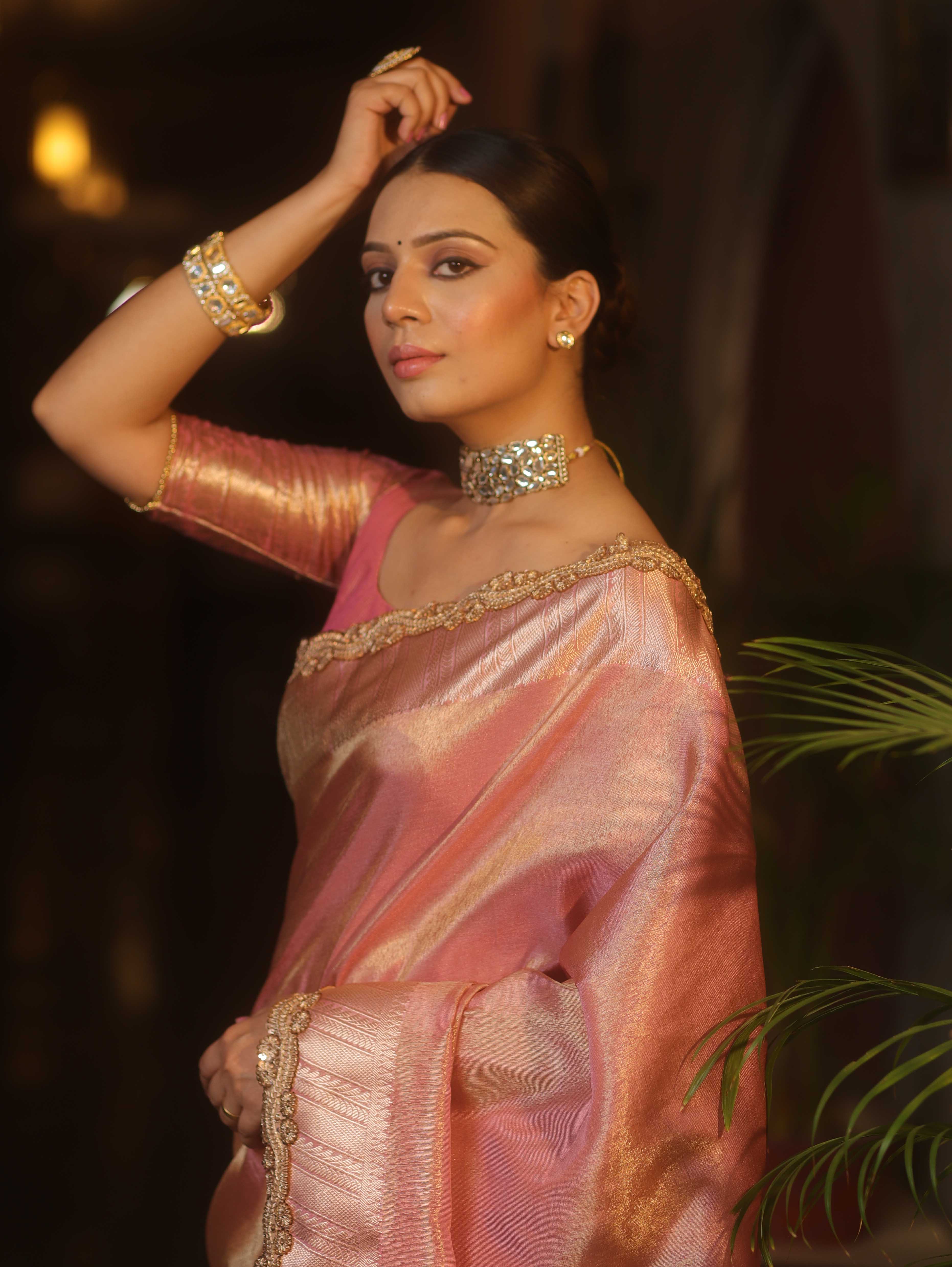 Banarasee Handwoven Plain Tissue Saree With Zari Border & Lace-Pink