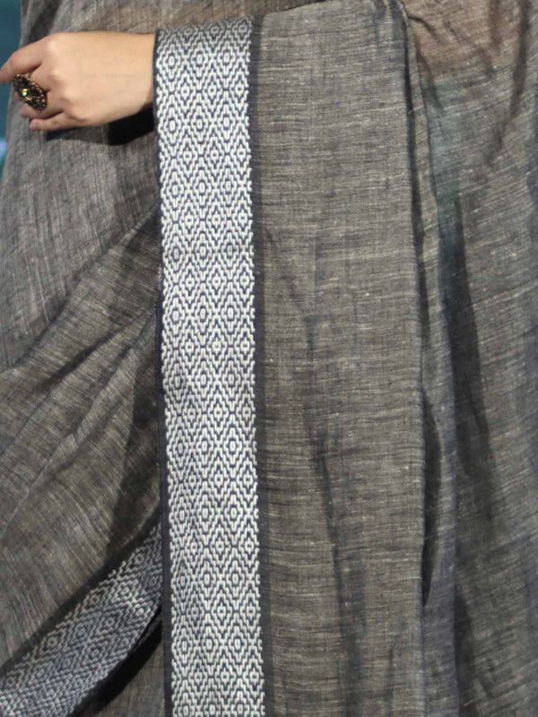 Bhagalpur Handloom Pure Linen Cotton Saree With Resham Embroidered Border-Grey