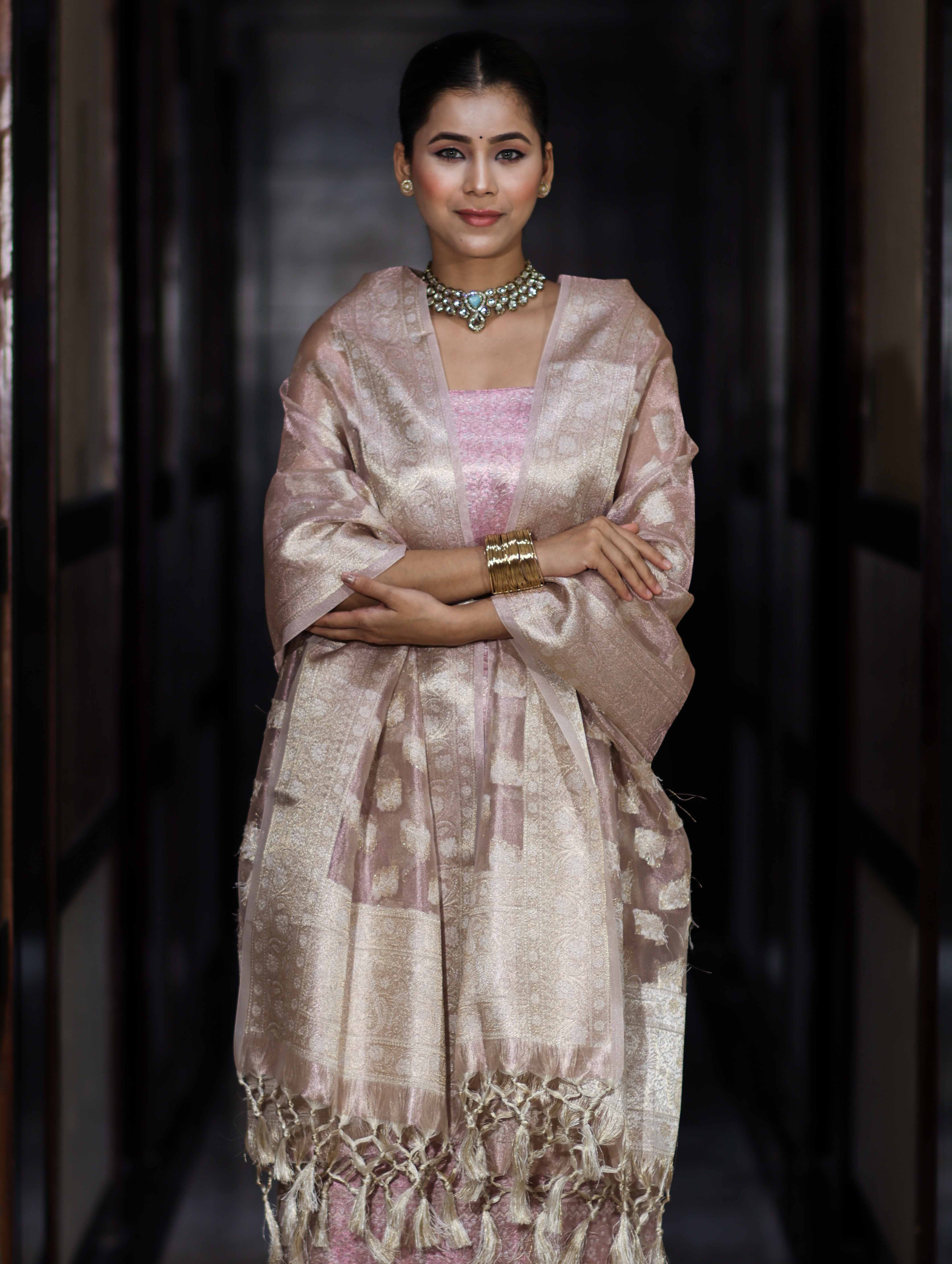 Banarasee Tissue Zari Weaving Salwar Kameez Fabric With Dupatta Set-Light Pink
