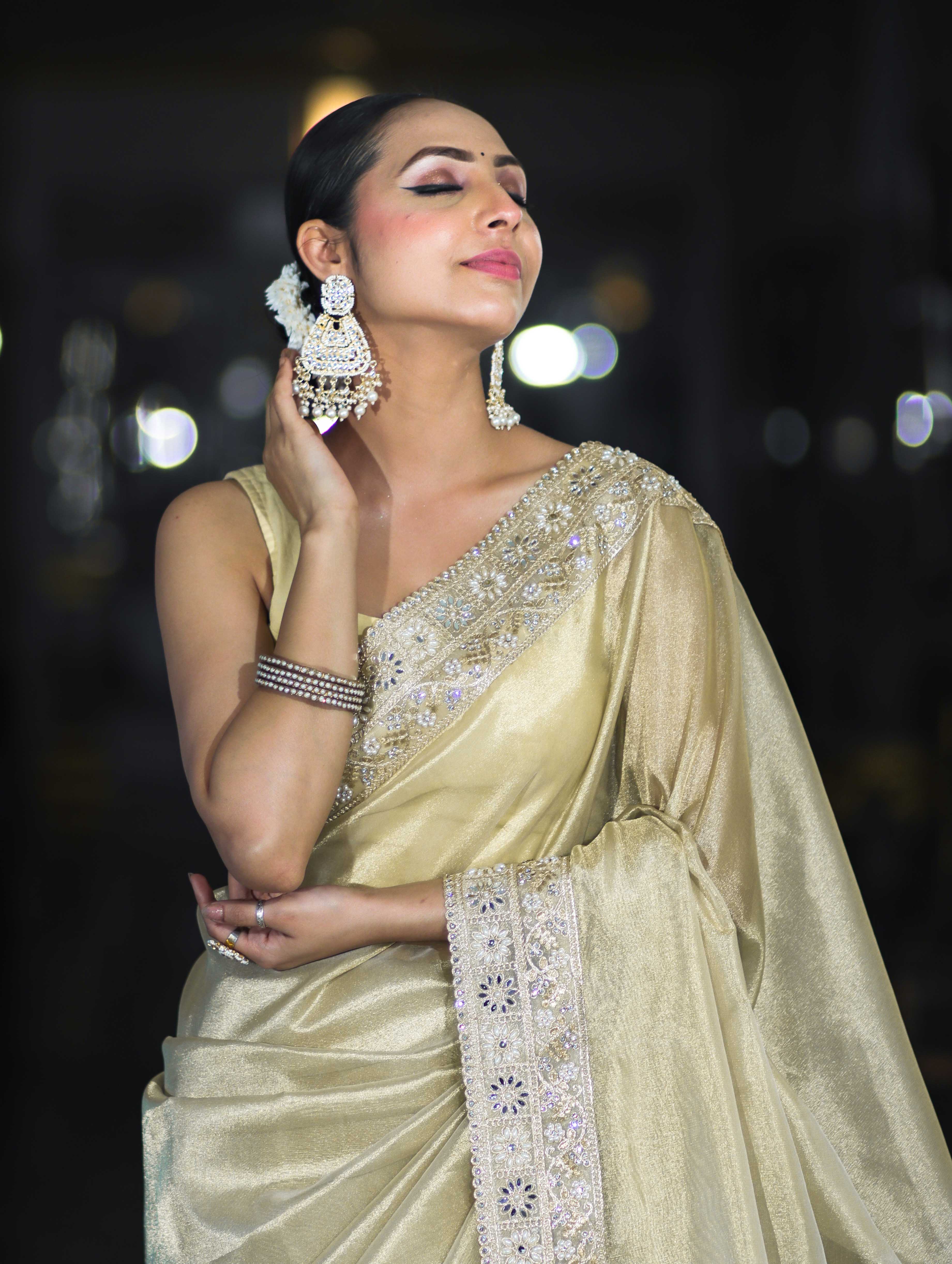 Banarasee Handloom Plain Tissue Saree With Lace Border-Cream