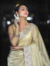 Banarasee Handloom Plain Tissue Saree With Lace Border-Cream