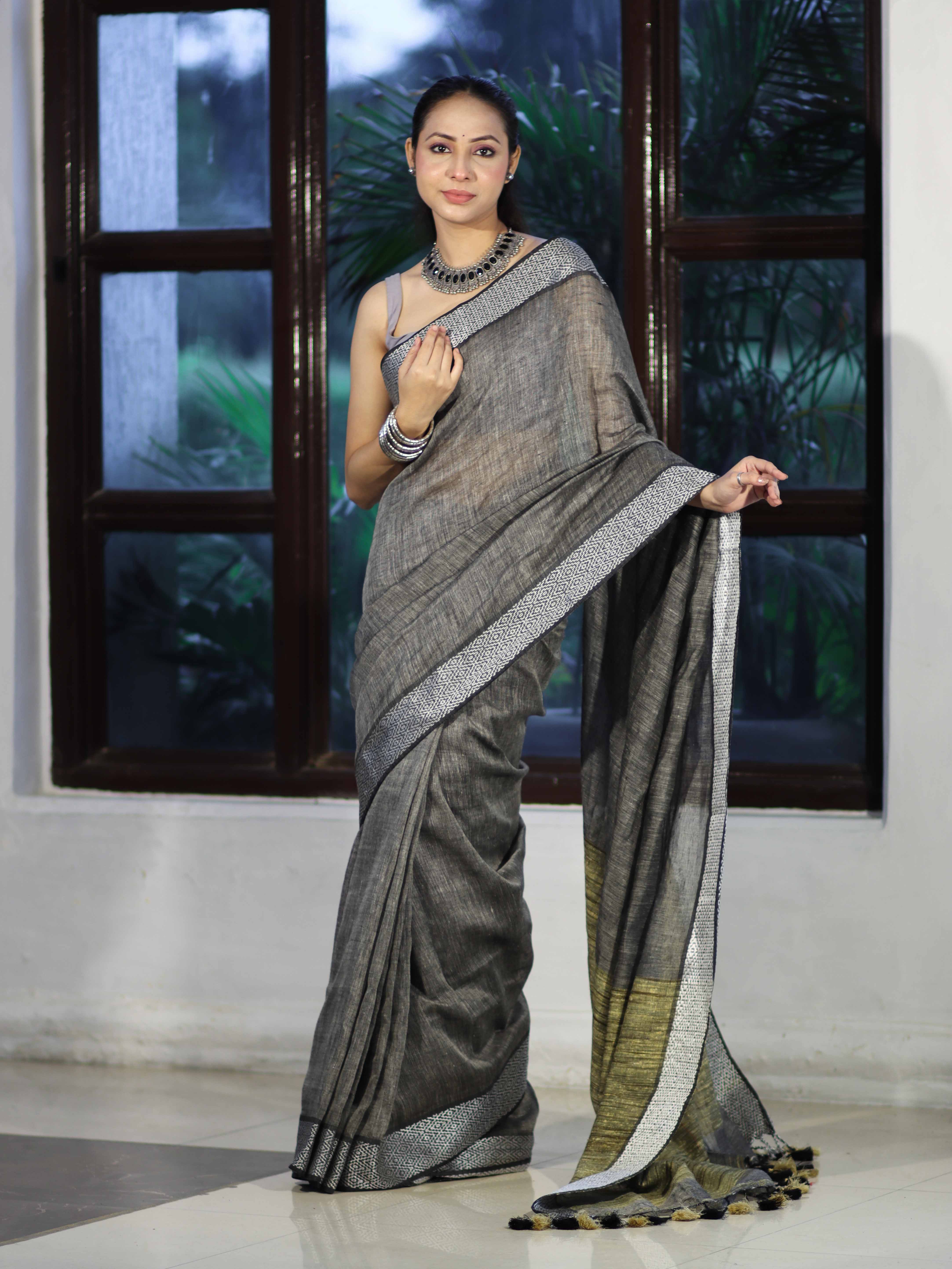 Bhagalpur Handloom Pure Linen Cotton Saree With Resham Embroidered Border-Grey