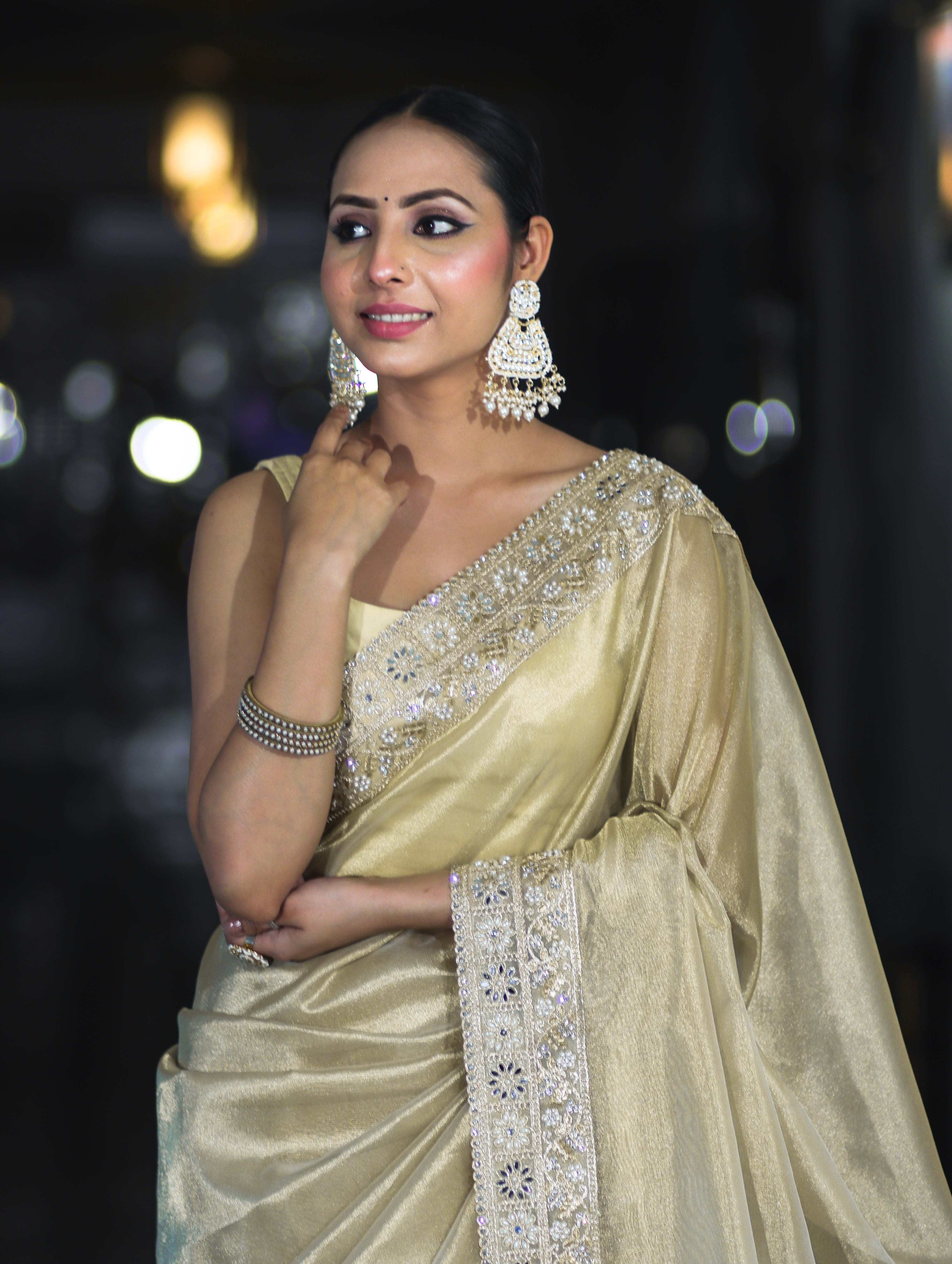 Banarasee Handloom Plain Tissue Saree With Lace Border-Cream