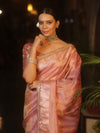 Banarasee Handwoven Plain Tissue Saree With Zari Border & Lace-Pink