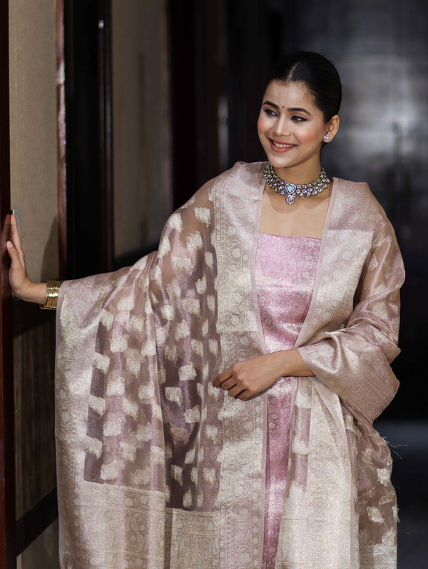 Banarasee Tissue Zari Weaving Salwar Kameez Fabric With Dupatta Set-Light Pink