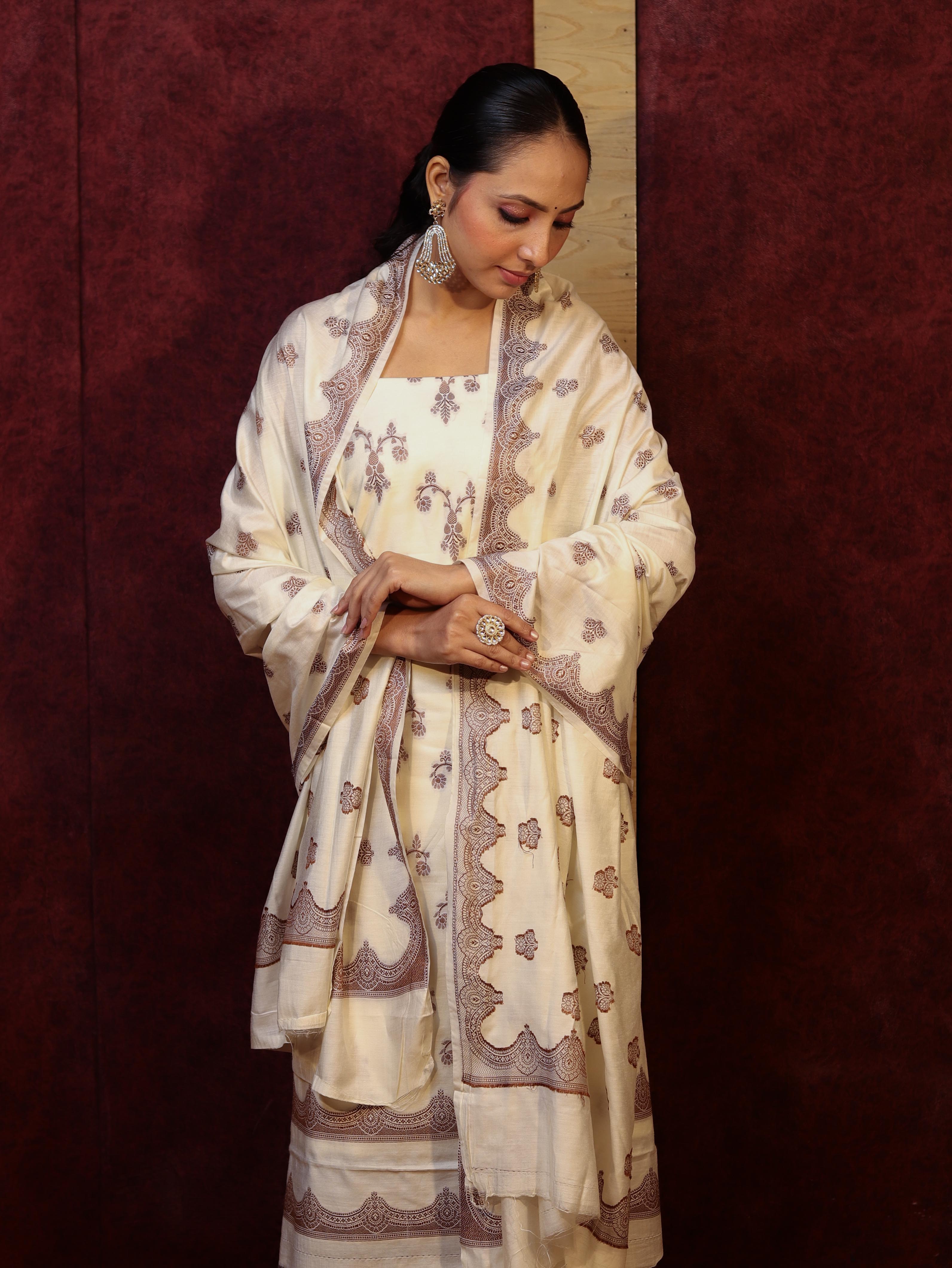 Banarasee Handloom Pure Cotton Silk Salwar Kameez Fabric With Dupatta-Cream