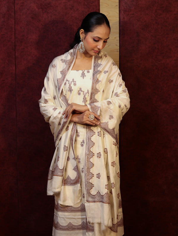 Banarasee Handloom Pure Cotton Silk Salwar Kameez Fabric With Dupatta-Cream