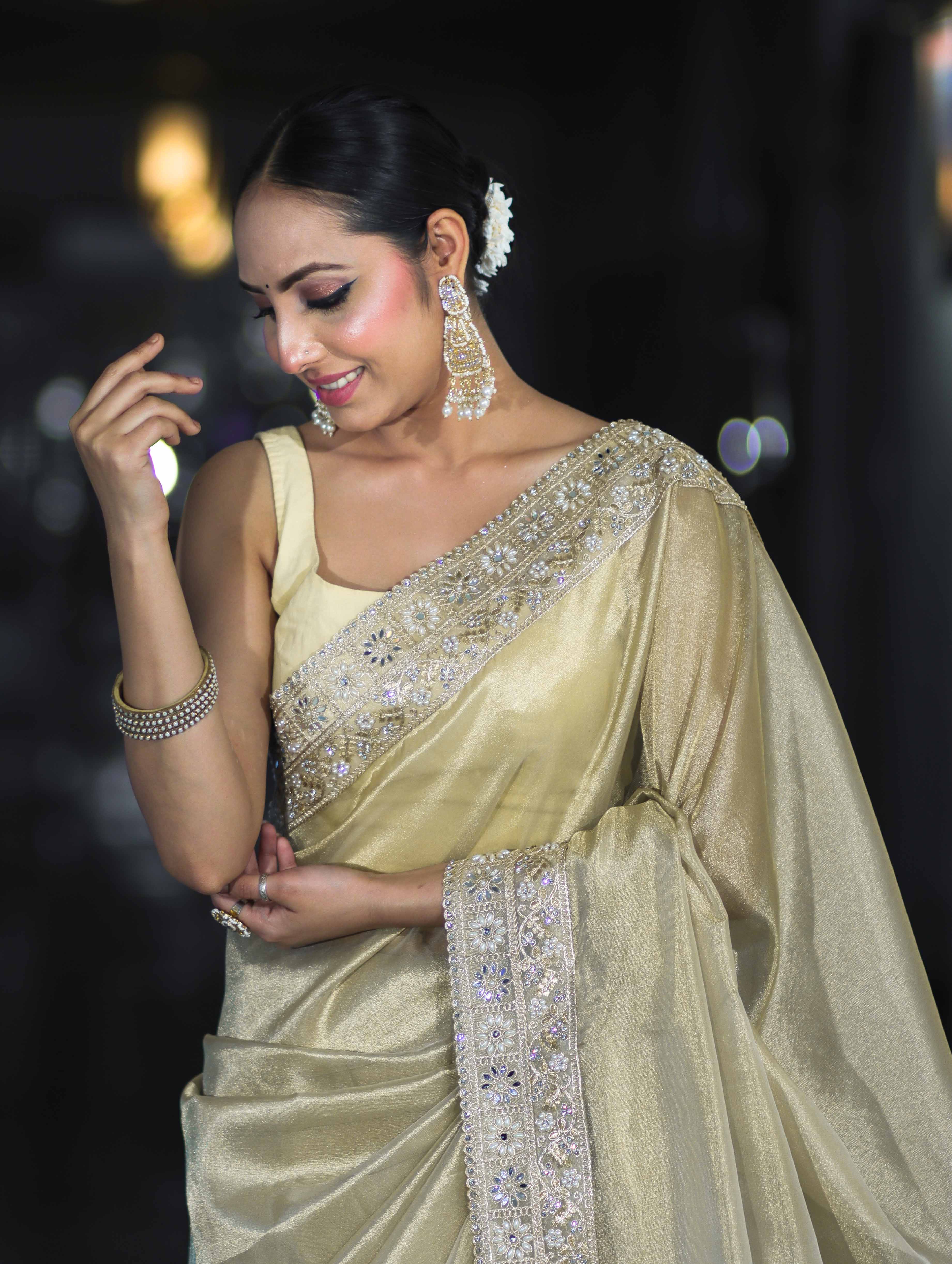 Banarasee Handloom Plain Tissue Saree With Lace Border-Cream