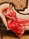 Banarasee Handwoven Semi-Katan Zari & Resham Weaving Floral Border Saree-Red