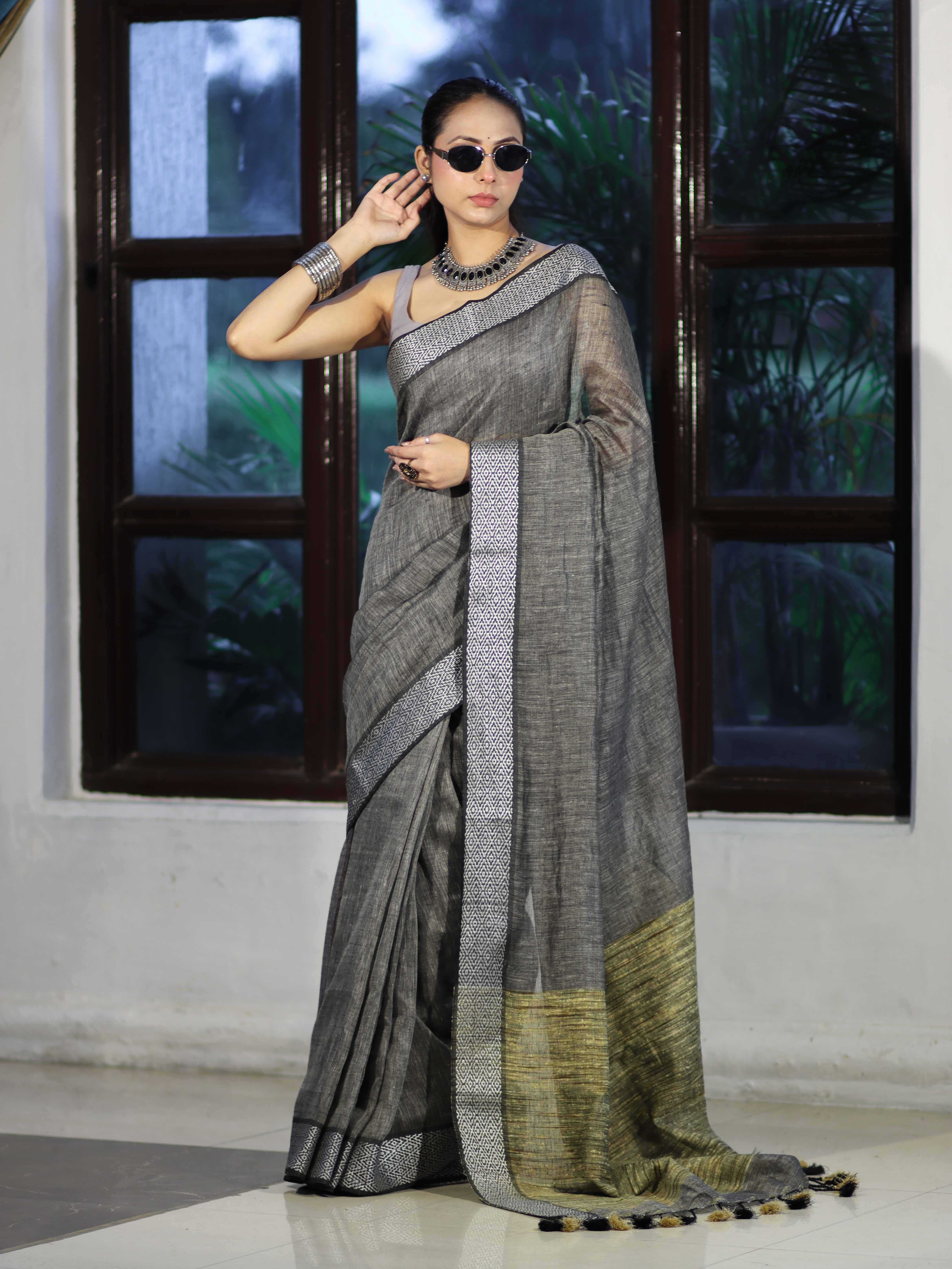 Bhagalpur Handloom Pure Linen Cotton Saree With Resham Embroidered Border-Grey