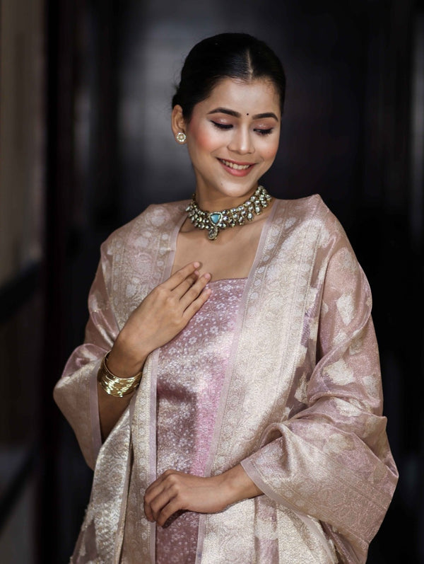 Banarasee Tissue Zari Weaving Salwar Kameez Fabric With Dupatta Set-Light Pink