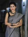 Banarasee Semi Silk Saree With Checks Pattern & Zari Woven Pallu-Black & White