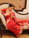 Banarasee Handwoven Semi-Katan Zari & Resham Weaving Floral Border Saree-Red