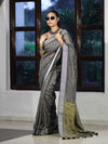 Bhagalpur Handloom Pure Linen Cotton Saree With Resham Embroidered Border-Grey