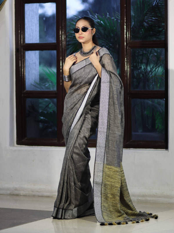 Bhagalpur Handloom Pure Linen Cotton Saree With Resham Embroidered Border-Grey