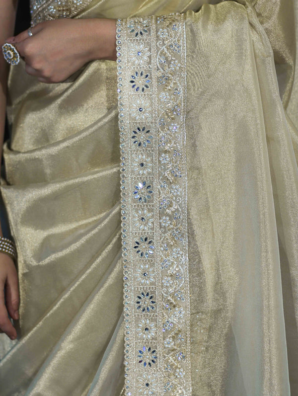 Banarasee Handloom Plain Tissue Saree With Lace Border-Cream
