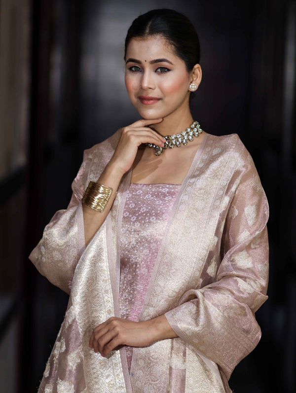 Banarasee Tissue Zari Weaving Salwar Kameez Fabric With Dupatta Set-Light Pink