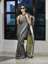 Bhagalpur Handloom Pure Linen Cotton Saree With Resham Embroidered Border-Grey
