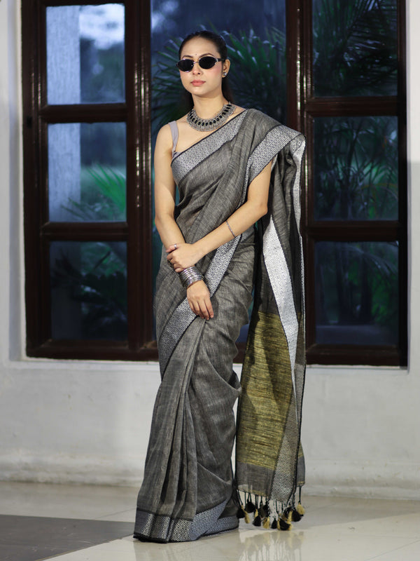 Bhagalpur Handloom Pure Linen Cotton Saree With Resham Embroidered Border-Grey