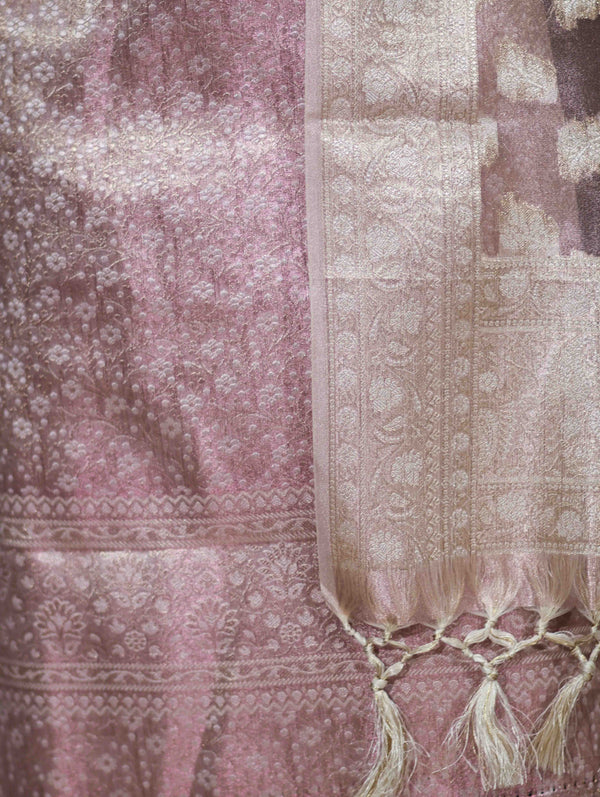 Banarasee Tissue Zari Weaving Salwar Kameez Fabric With Dupatta Set-Light Pink
