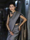 Banarasee Semi Silk Saree With Checks Pattern & Zari Woven Pallu-Black & White
