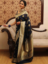 Banarasee Handwoven Semi-Katan Tanchoi Weaving Floral Border Saree-Deep Blue